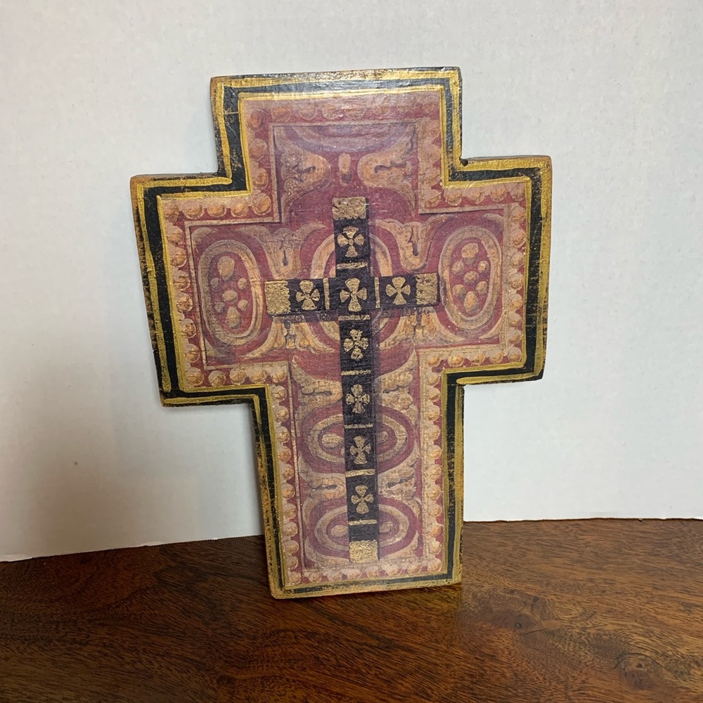 Wooden Cross Hanging Wall Art. Gold, Black, Deep Red.